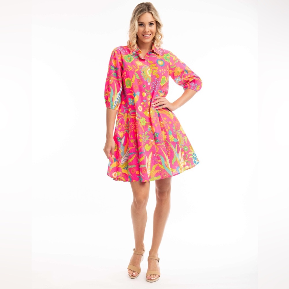 Orientique Kusadasi Certified Organic Godet Shirt Dress Tropical Resort Size L
